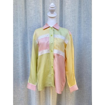 Escada by Margaretha Ley silk yellow pink green gingham color block blouse