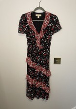 Michael Kors Black & Red Floral Ruffled Tiered Midi Dress Size XS