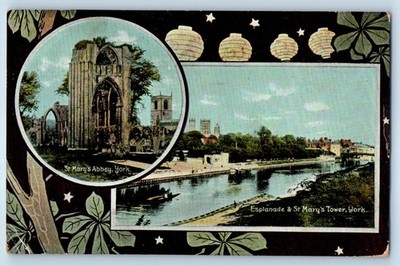 Yorkshire England Postcard Esplanade & St Mary's Tower Abbey York 1909