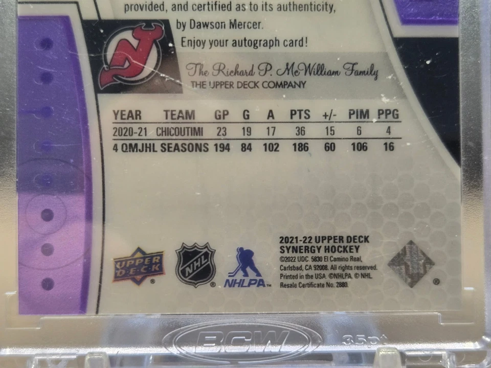 2021-22 UD Synergy Dawson Mercer Purple Rookie Auto /99 — Devils - Image 4 of 4