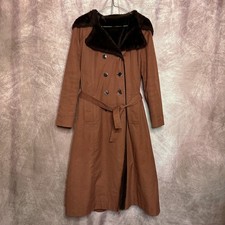 Vintage 70s LaSport Trench Coat Brown Faux Fur Hooded Double Breasted Penny Lane