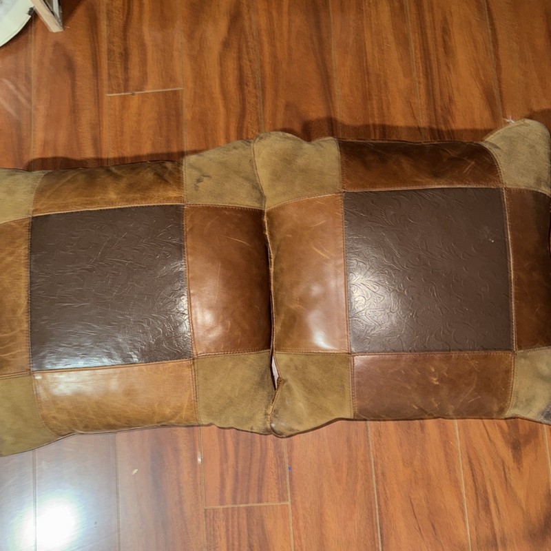 Vintage Western Boho Leather Patchwork Pillows 16" Down Insert Scrolled Stitched