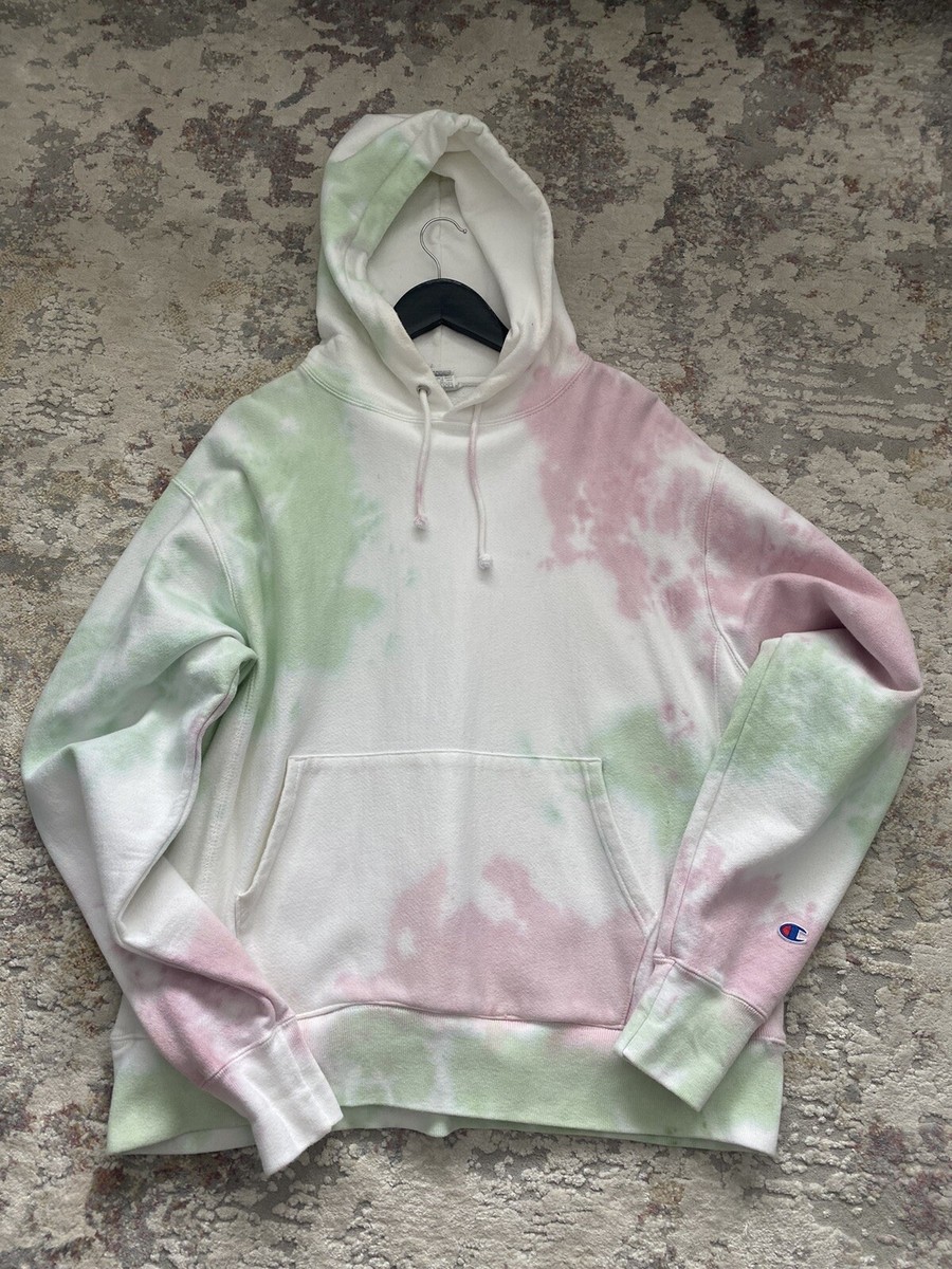 Champion Reverse Weave Tie Dye Pink White Green Hoodie Large USA