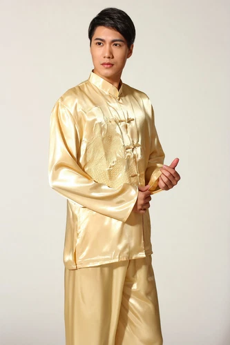 Mens Chinese Kung Fu Silk Suit Pajamas Black White Blue Red Size M- 2XL NEW - Picture 8 of 16