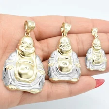 Textured Buddha Pendant Real Solid 10K Yellow White Gold All Sizes