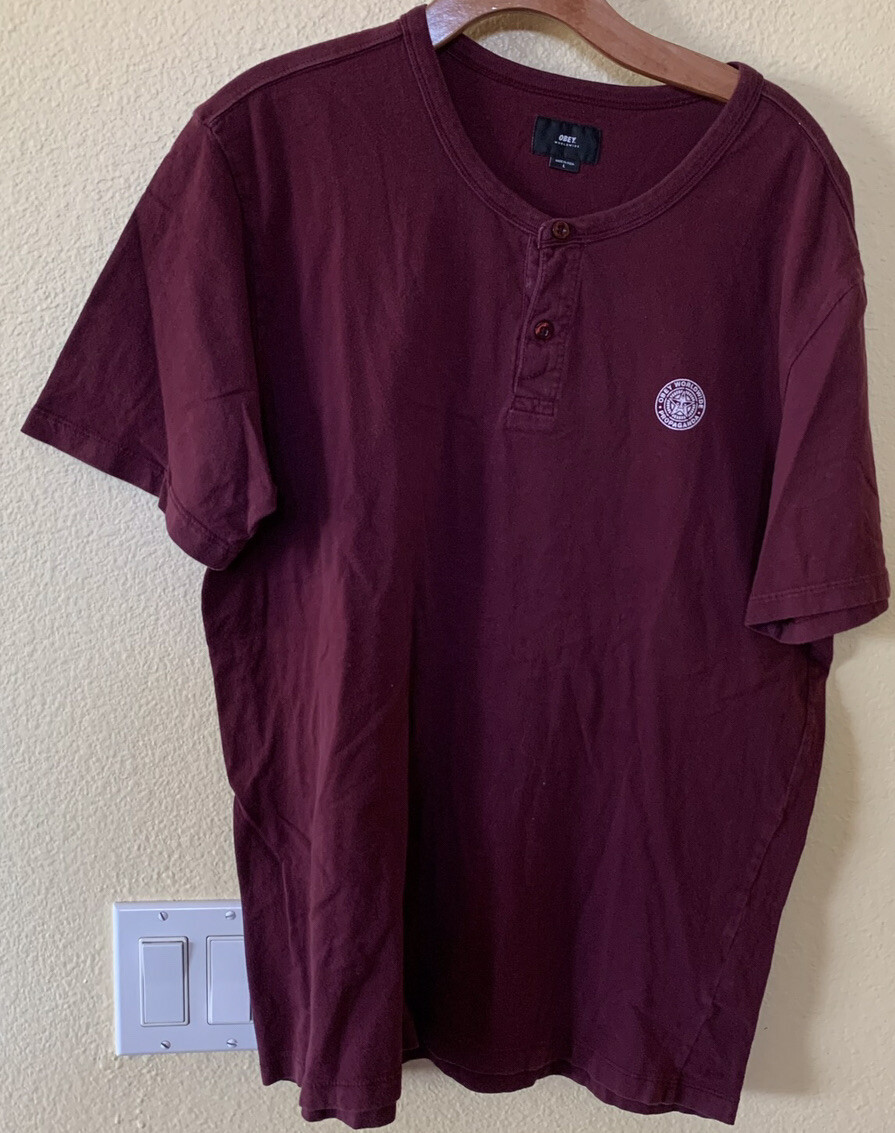 Men's Obey Worldwide Burgundy Henley TShirt L Propag… Gem