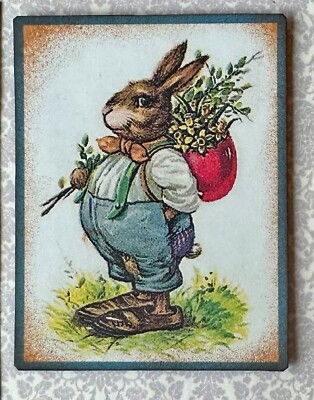 Dollhouse Miniature Easter Sign FUNNY BUNNY overalls HUGE SHOES red knapsack