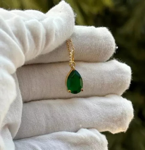Natural Green Emerald 2Ct Pear Cut Solitaire Pendant 14k Yellow Gold Plated - Picture 4 of 6