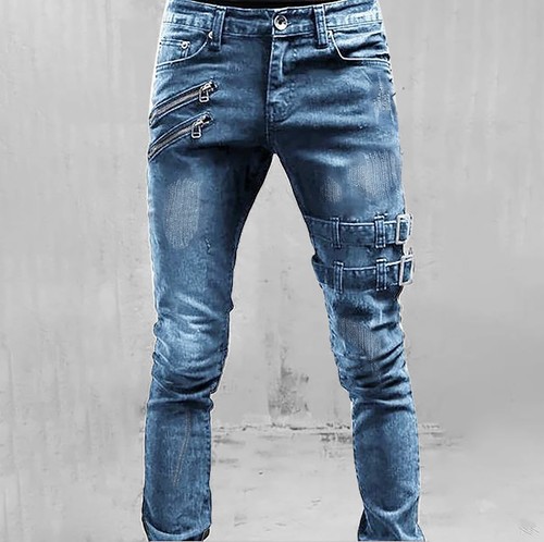 Men's Trousers Casual Straight Mid-rise Slim Fit Ripped Jeans - Picture 28 of 30