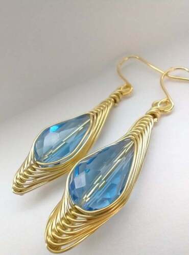 Faceted Light Blue Crystal Teardrop GOLD Earrings USA HANDMADE - Picture 3 of 6