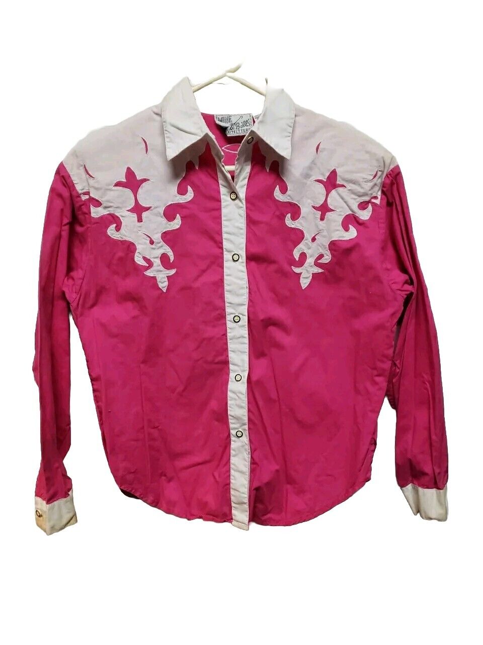 Mine And Bills Woman Western Top S Pink White Long Sleeve Vtg 90s Shoulder pads 