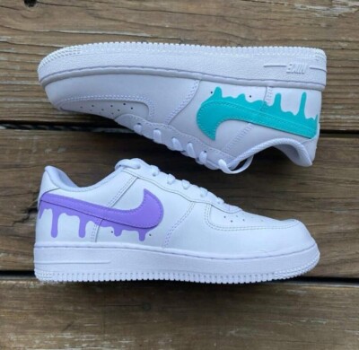 Air Force Custom White Shoes Teal Lavender Drip Swooshes Mens