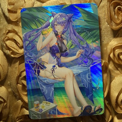 Keqing Genshin Impact Goddess Anime ACG Doujin Waifu Holo Card Beach Drink