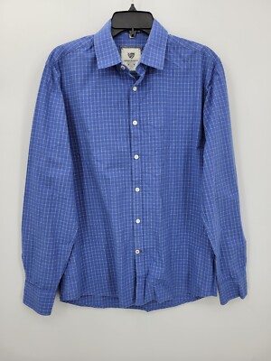 Warren and Parker Shirt Mens Medium Blue Plaid Long Sleeve Button Up Cotton