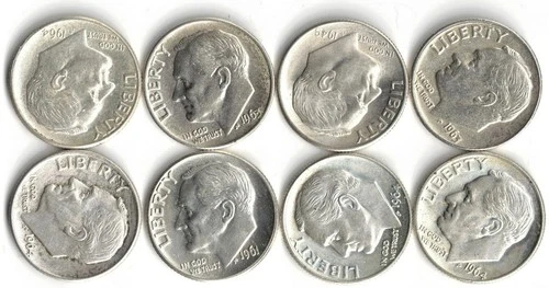 Lot of (8) Roosevelt Dimes 90% Silver Dates 50's & 60's   [55]