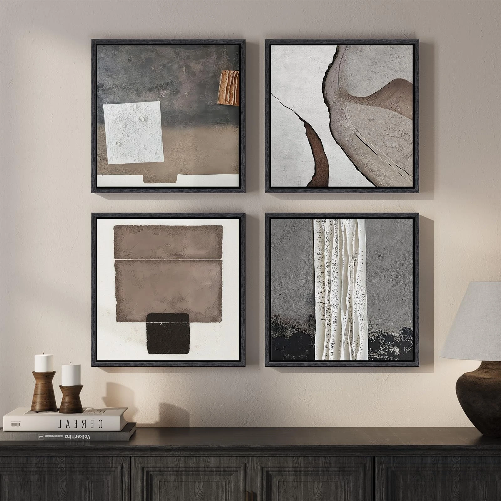 Framed Neutral Abstract Wall Art for Living Room, 4 Piece Modern Grey Brown T...