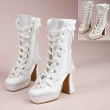 1/3SD BJD Boots High Heels Ribbon Shoeslace Squared-toe Bow Pearls White Beige