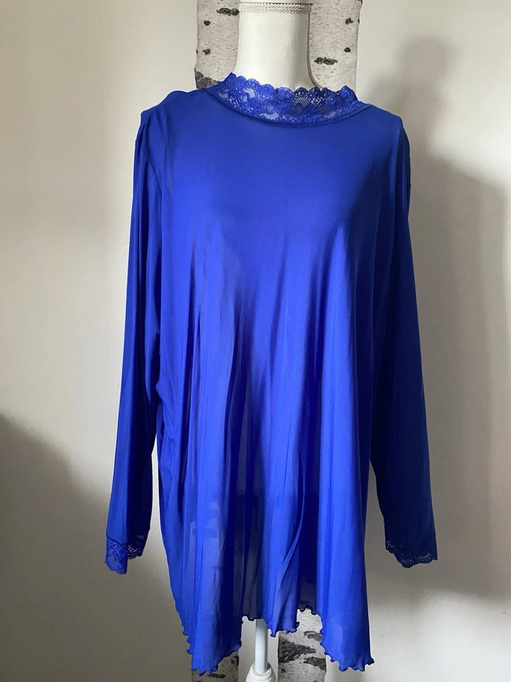 LOGO LAYERS by Lori Goldstein Sheer Blue Top With Lace Trim Plus Size 4X