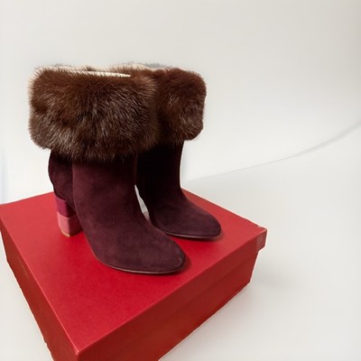 Salvatore Ferragamo Loris Fur Rouge noir mink Suede ankle boot Sz 35 Burgundy