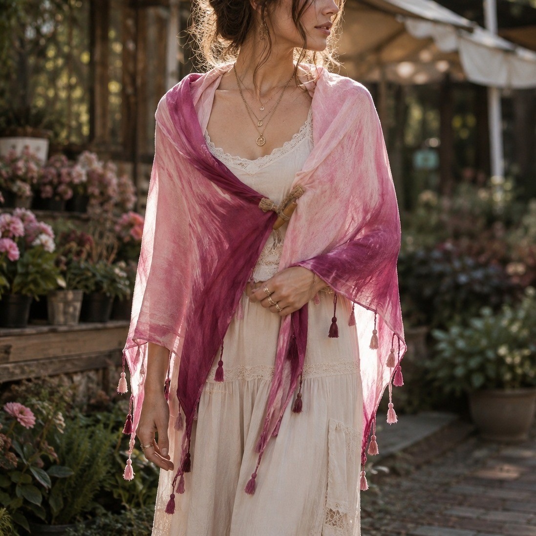 Mantón boho rosa ombre tie dye envoltura con borlas y cierre de palanca de madera