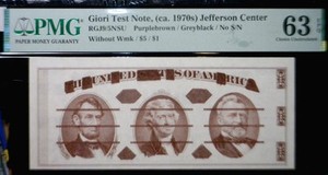 1970's PMG Certified MS63 EPQ GIORI Test Note $2 $5 $50 Currency NICE Note !  NR