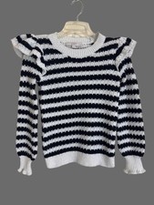 LOFT Striped Ruffle Shoulder Crewneck Sweater Long Sleeves Black White XXSP