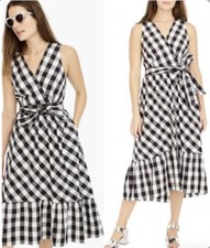 JCREW BLACK GINGHAM POPLIN RUFFLE MIDI  DRESS SIZE 0 NWT 2039