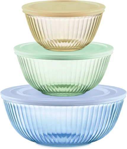 Colors Tinted (3-Pack, Full Set) Sculpted Tinted Glass Mixing Bowls with Lids, N