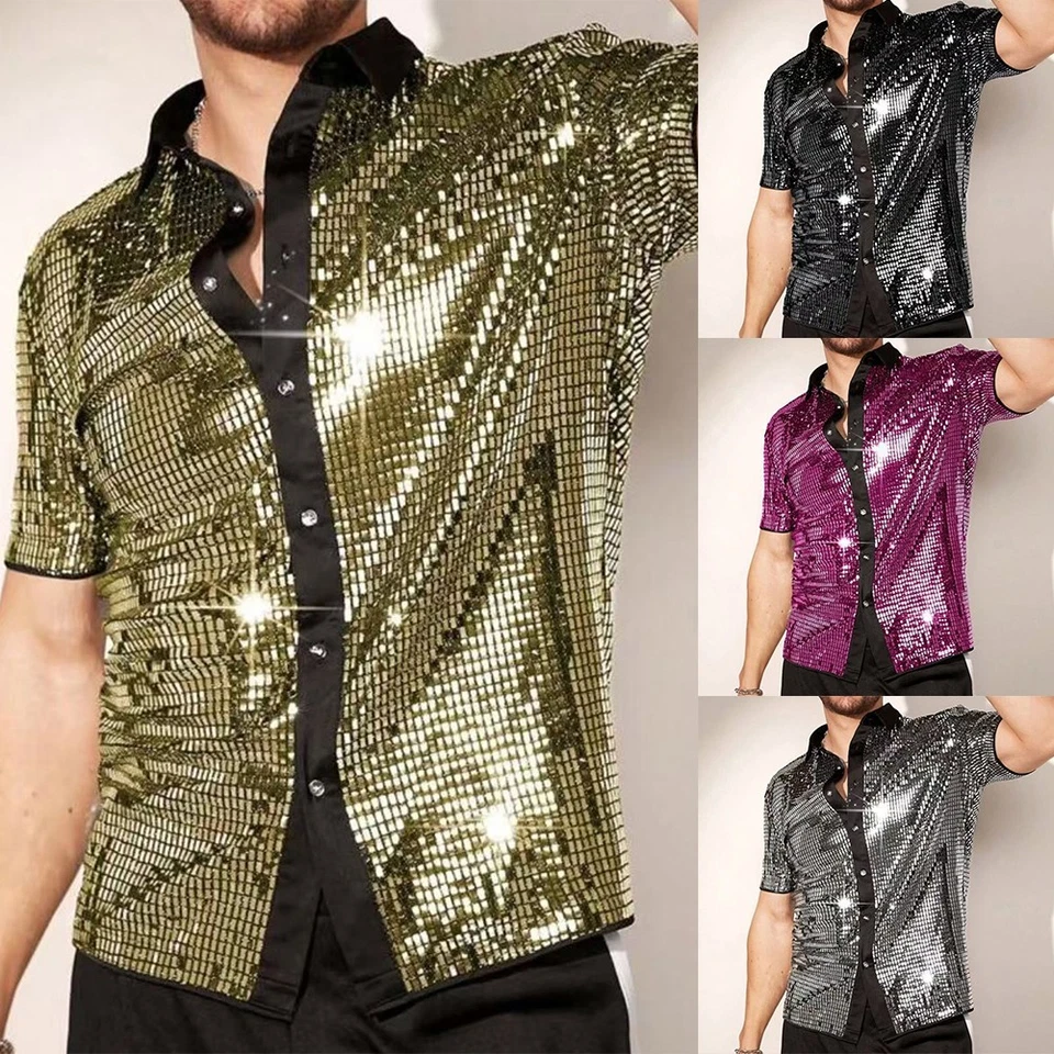 70s Vintage Disco Shirt with Sequins for Men Short Sleeve Button Design - Image 2 of 4