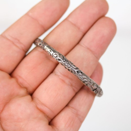 Antique Chinese Export Fine Silver Etched Dragon Hinged Bangle Bracelet - Picture 7 of 7