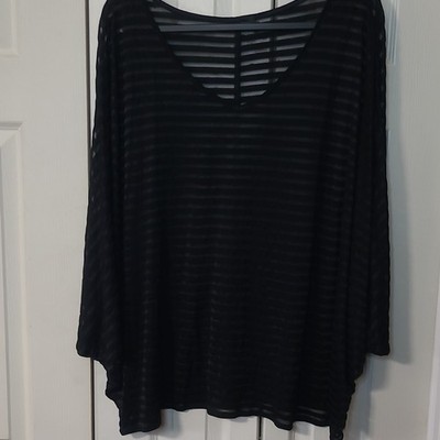 Lane Bryant Black Sheer Striped V-Neck Kimono/ Batwing Sleeve Top Plus 26