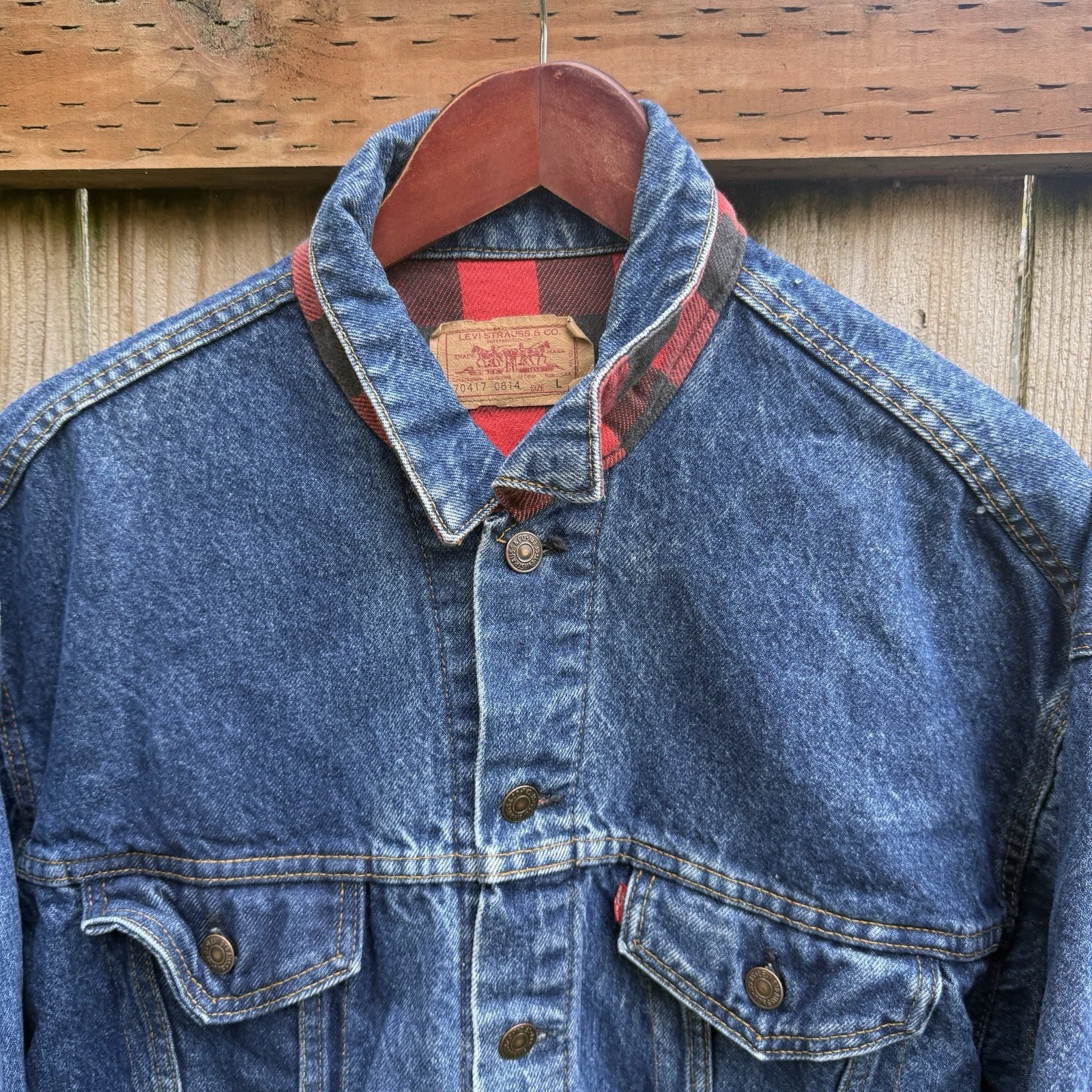 vintage 80s levis 70417 0814 buffalo plaid lined denim trucker jacket large image 2