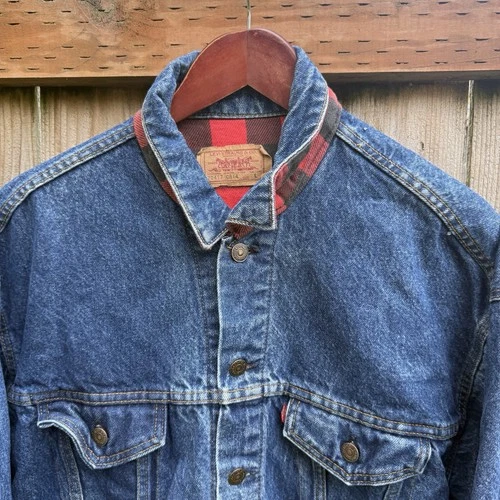 vintage 80s levis 70417 0814 buffalo plaid lined denim trucker jacket large image 2