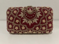 Red Velvet Beaded Clutch Purse Gold Embellished Evening Wedding Party Bag