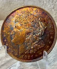 1921 MORGAN SILVER DOLLAR GEM BU RAINBOW TONED TEXTILE OBVERSE TONING