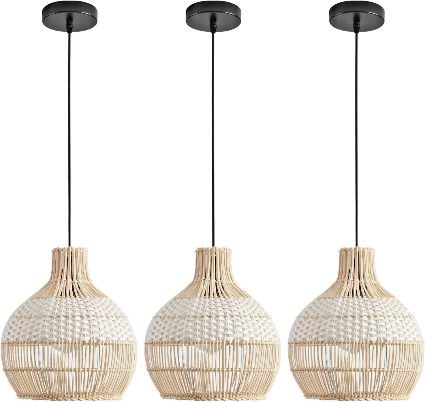 3-Pack Fax Rattan Pendant Light Fixture Hand-Woven White Rattan Chandelier
