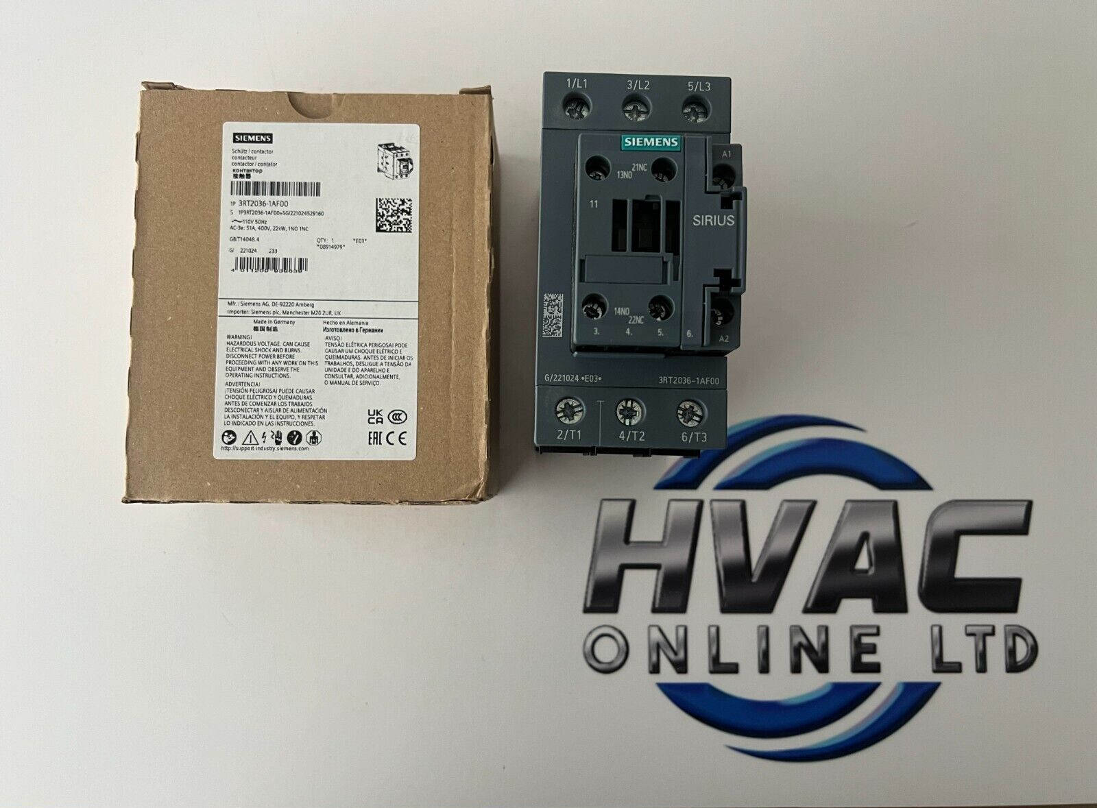 Siemens 3RT2036-1AF00 Contactor 400 V, 3-pole, 110 V AC, 22KW 1NO 1NC
