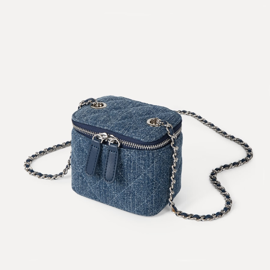 Mini Quilted Denim Shoulder Bag Vanity Case Purse Box Clutch