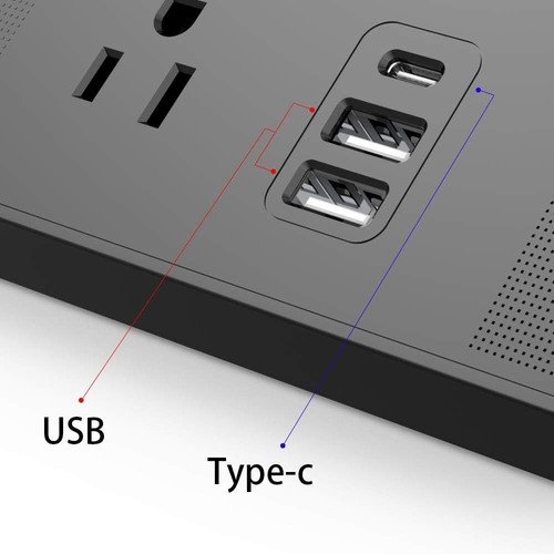 Enchufe plano de tira de alimentación con 3 tomas 2 puertos USB y 1 cable de extensión USB-C 5 pies UL - Imagen 4 de 6