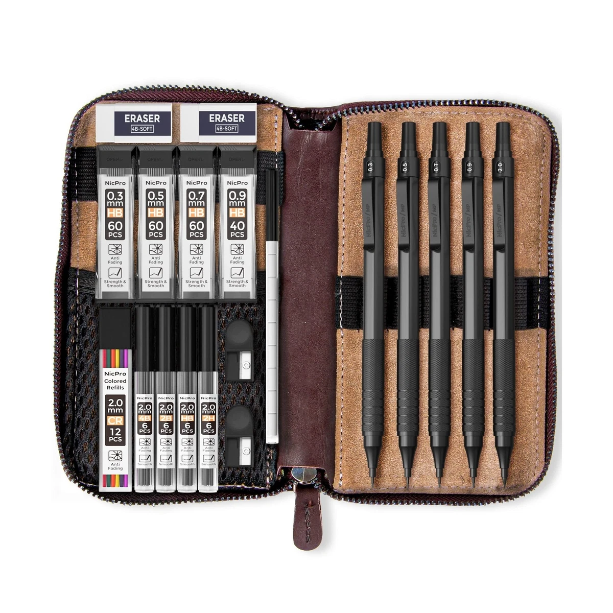 Nicpro 20PCS Black Metal Mechanical Pencil Set in Leather Case, 0.3, 0