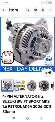 Suzuki swift sport swift 1.6 petrol m16a mk3   4-pin Alternator.