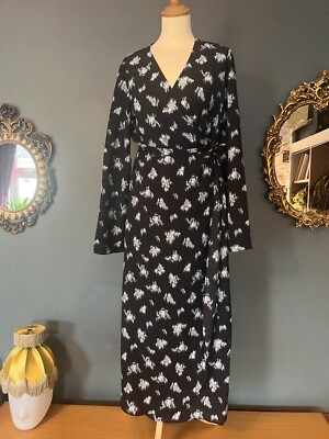 H&M Kimono Wrap Dress Size M BNWOT Black Blue Abstract Pattern UK