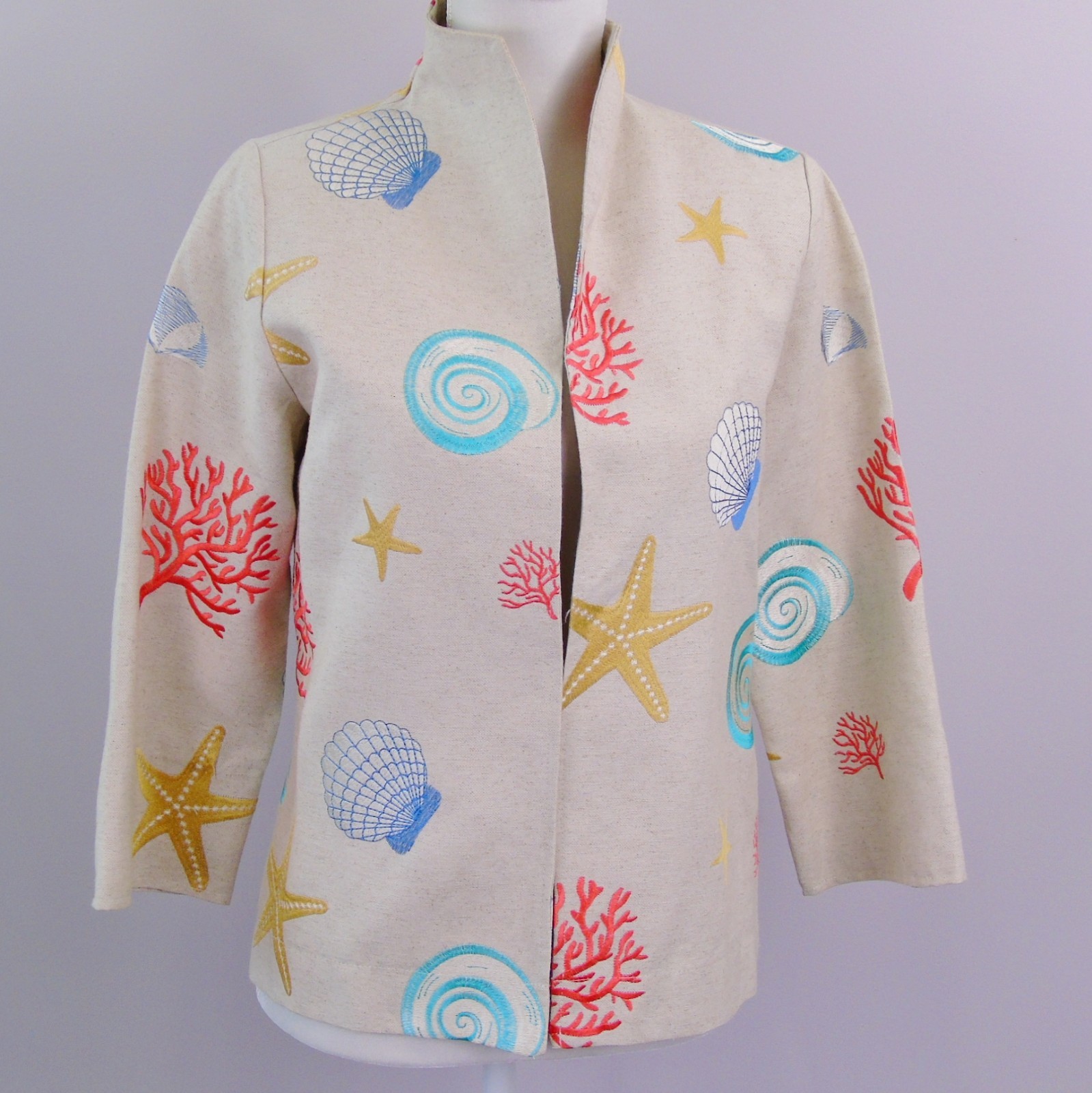 Giacca di lino pony dipinta donna conchiglie stelle di mare coralli taglia SP