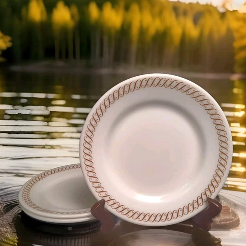 3 Pyrex Regency Luncheon Plates Set Vintage Corning Brown Scrolls Milk Glass 9"