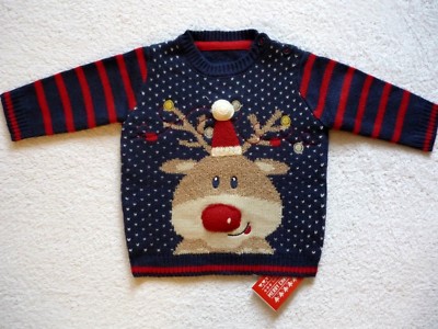 Baby Boys Soft Warm Blue/Red Knitted REINDEER Christmas Jumper