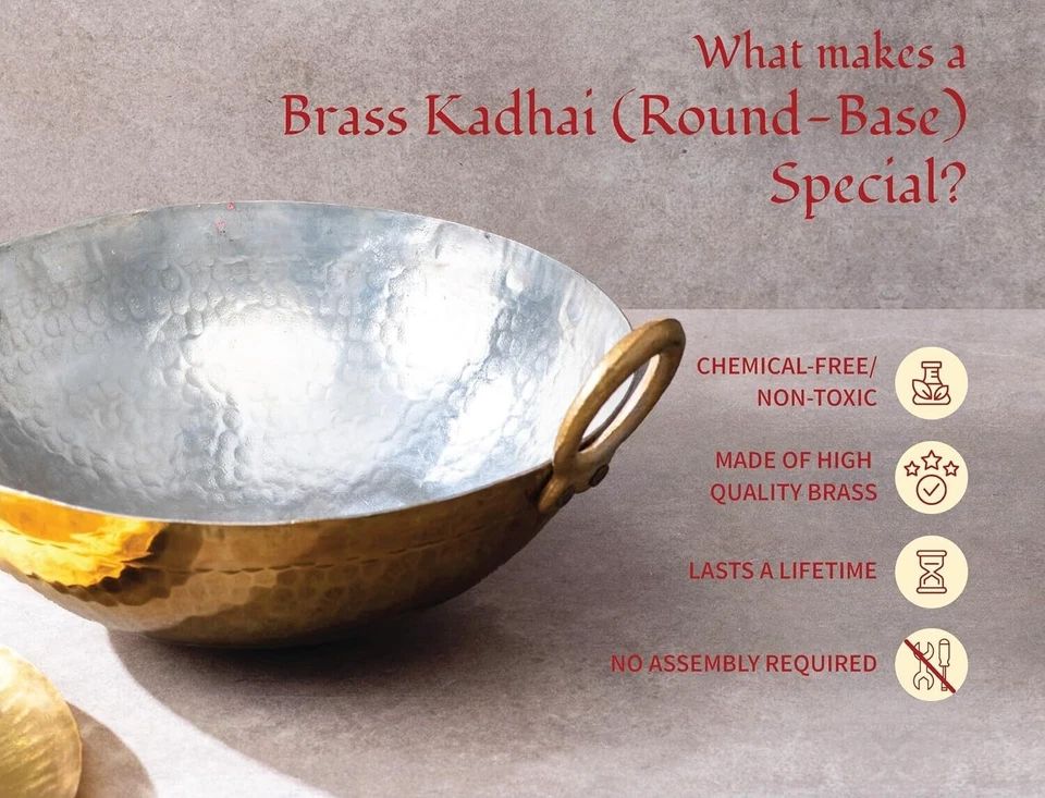 Wok Kadhai de latón de 3 litros con tapa utensilios de cocina naturalmente antiadherentes sin teflón Foto 3 de 4