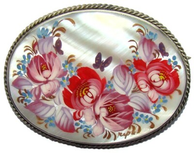 Broche En Nacre Peinte à La Main JOSTOVO - Motif Fleurs Russe - Cadeau Saint-Valentin - Neuf Avec étiquettes
