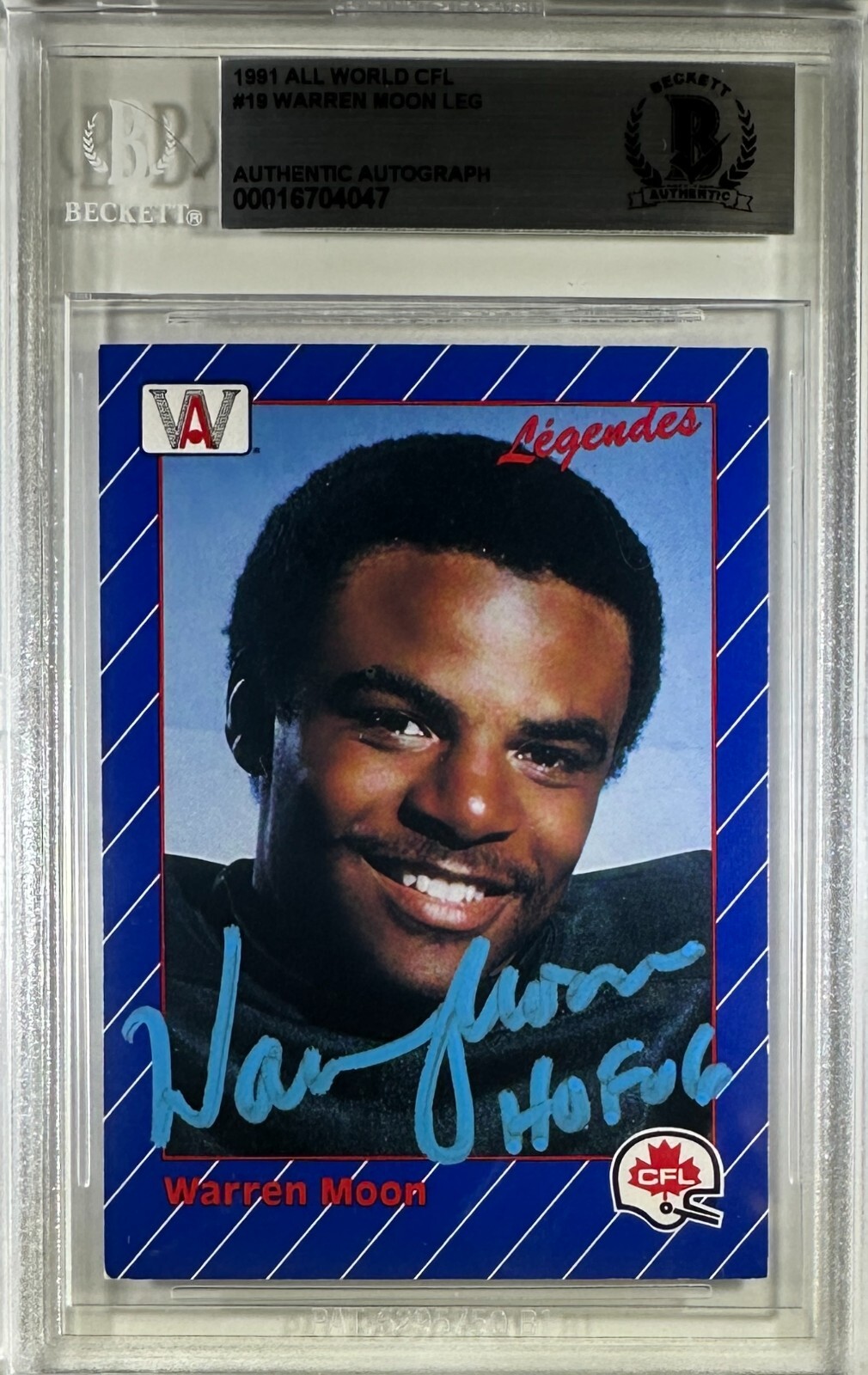 Warren Moon Edmonton Elks auto card 1991 All World #19 CFL BAS Encapsulated 