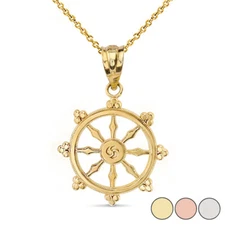Gold Buddhism Dharmachakra Dharma Wheel Pendant Necklace (Yellow/Rose/White)
