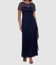 Xscape Women's Blue Beaded Mesh Round Neck Short Sleeve Gown Dress Size 4